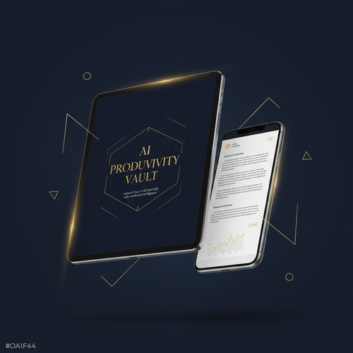 AI Productivity Vault — Premium digital product mockup showing the guide on tablet and phone with navy and gold design